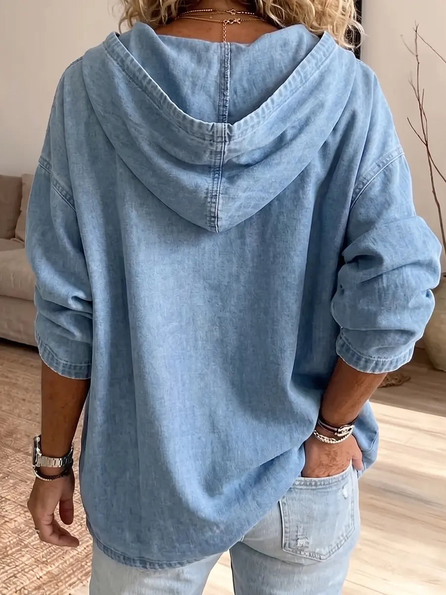 Sudadera con capucha de mezclilla holgada y cordón casual