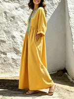 Damen Einfarbiges Mintgrünes Besticktes V-Ausschnitt Lockeres Kaftan Maxikleid