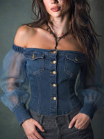 Denim-Top mit Chiffon, schulterfrei und langärmlig