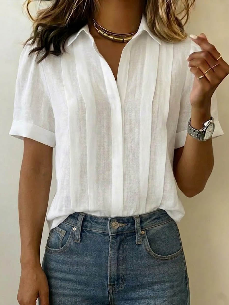 Camicia da donna con colletto, maniche corte, casual, ampia, plissettata, in cotone e lino