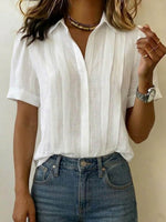 Camicia da donna con colletto, maniche corte, casual, ampia, plissettata, in cotone e lino