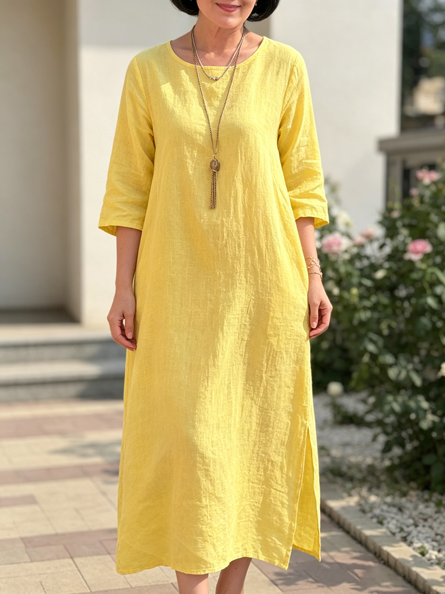 Vestido de algodão e linho amarelo solar com fendas laterais
