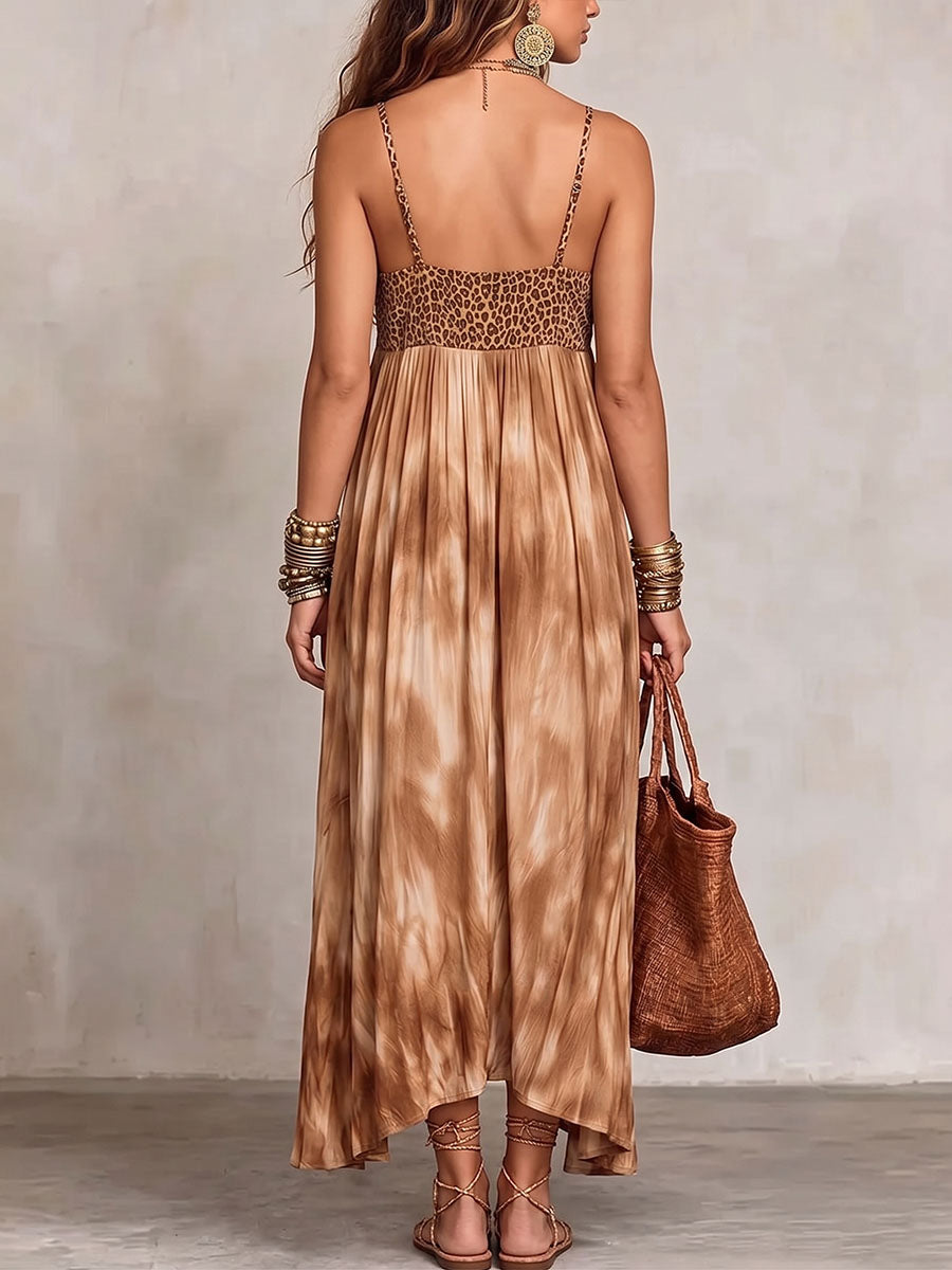 Vestido casual holgado de algodón y lino para mujer con paneles estampados de leopardo y teñido anudado