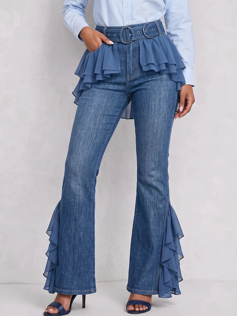 Statement Tencel Denim & Chiffon Jeans mit Volant und ausgestelltem Bein
