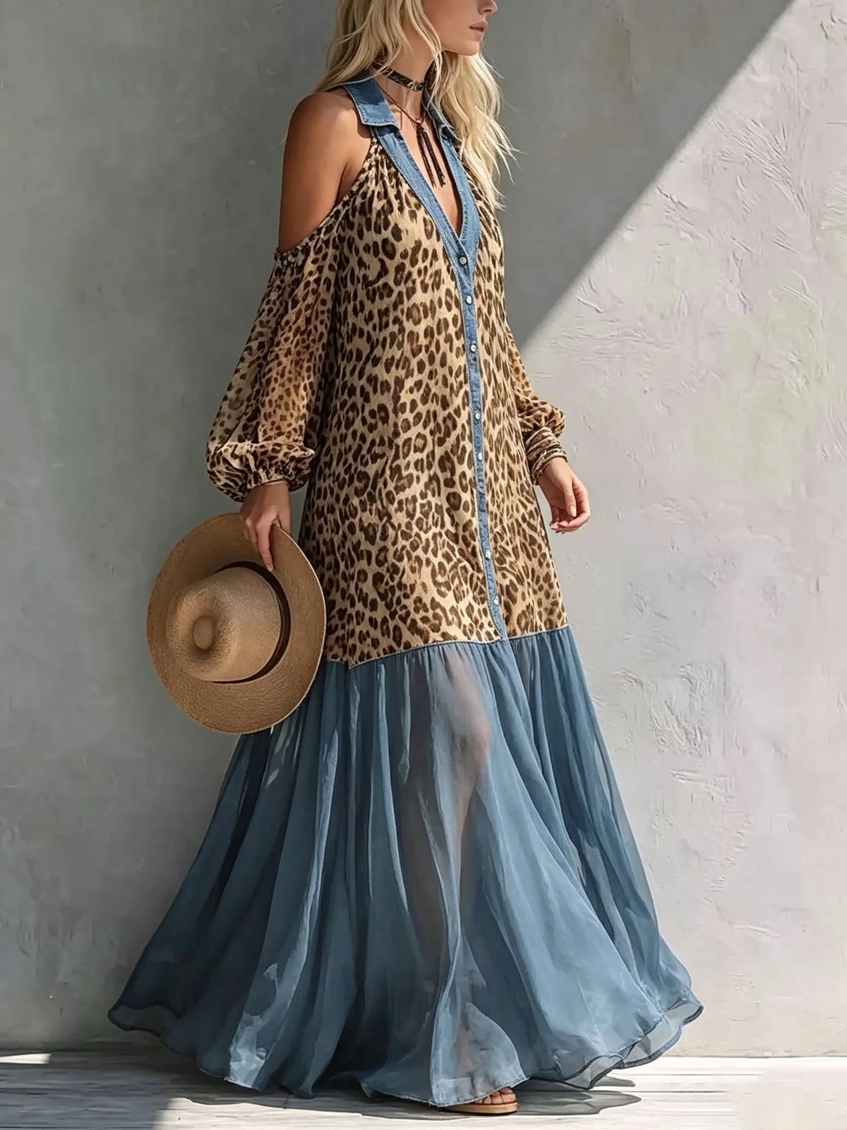 Maxikleid für Damen mit Leopardenmuster, Chiffon, Denim-Patchwork und schulterfreiem Design