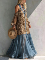 Maxikleid für Damen mit Leopardenmuster, Chiffon, Denim-Patchwork und schulterfreiem Design