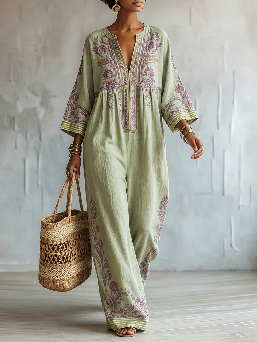 Tuta boho-chic in cotone e lino verde salvia