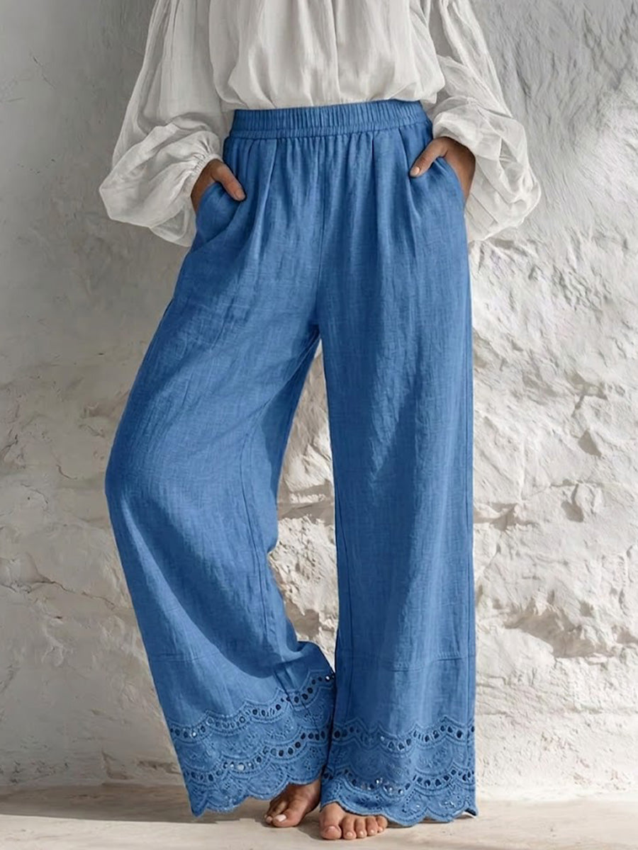 Lockere, legere, alltägliche Baumwoll-Leinen-Hose mit weitem Bein und Spitzenbesatz