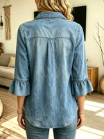 Camisa casual de mezclilla clásica con volantes, manga 3/4 suelta y cuello solapa