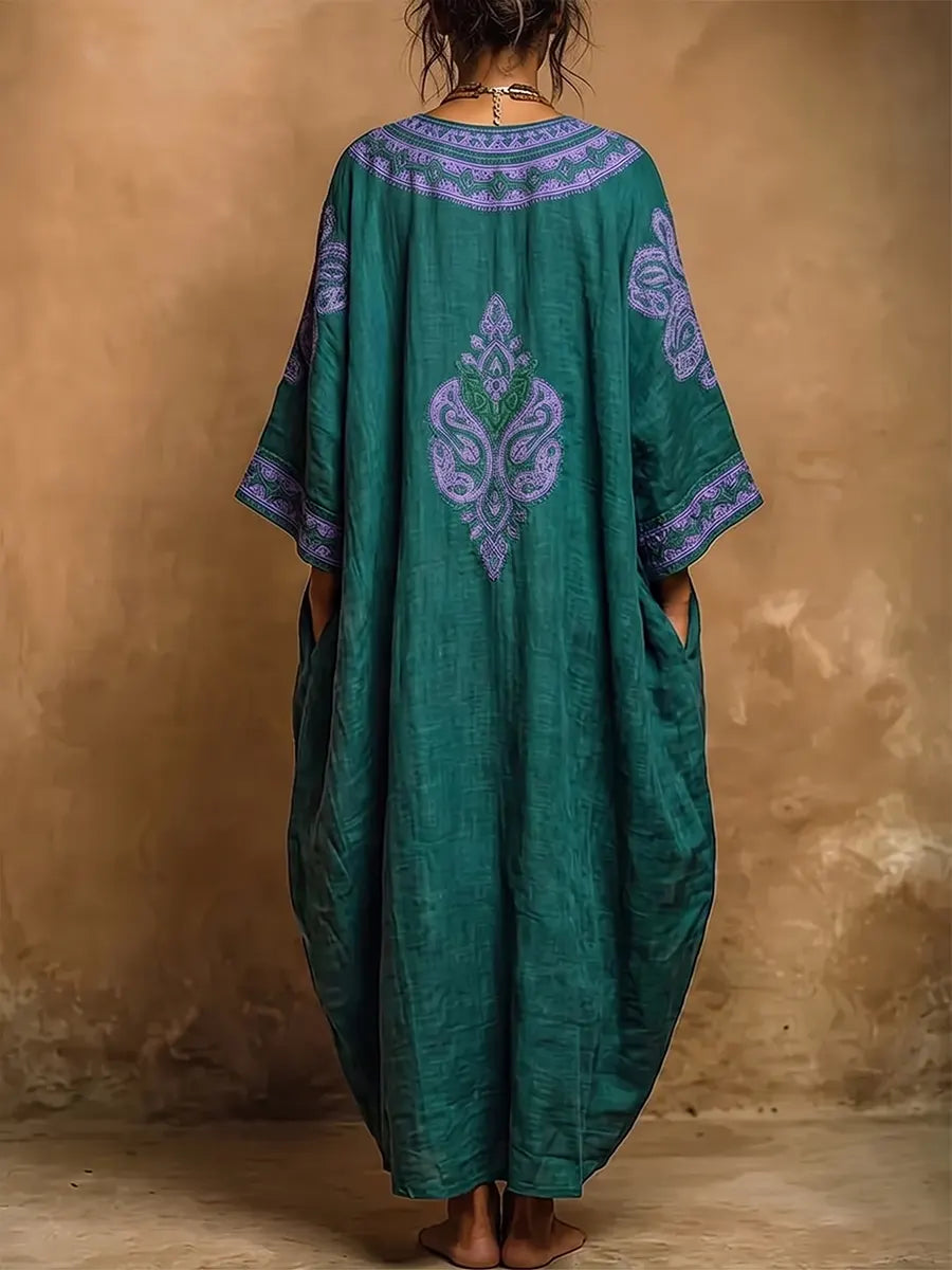 Türkisfarbener Boho-Maxikleid mit V-Ausschnitt