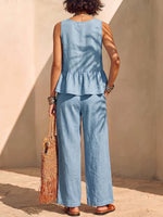 Conjunto para mujer de algodón y lino de color sólido: blusa sin mangas con cuello redondo y ajuste holgado, y pantalones de pierna ancha de talle alto.