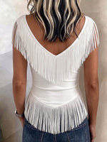 Blusa casual suelta para mujer, de color sólido, con cuello en V, manga corta y flecos.