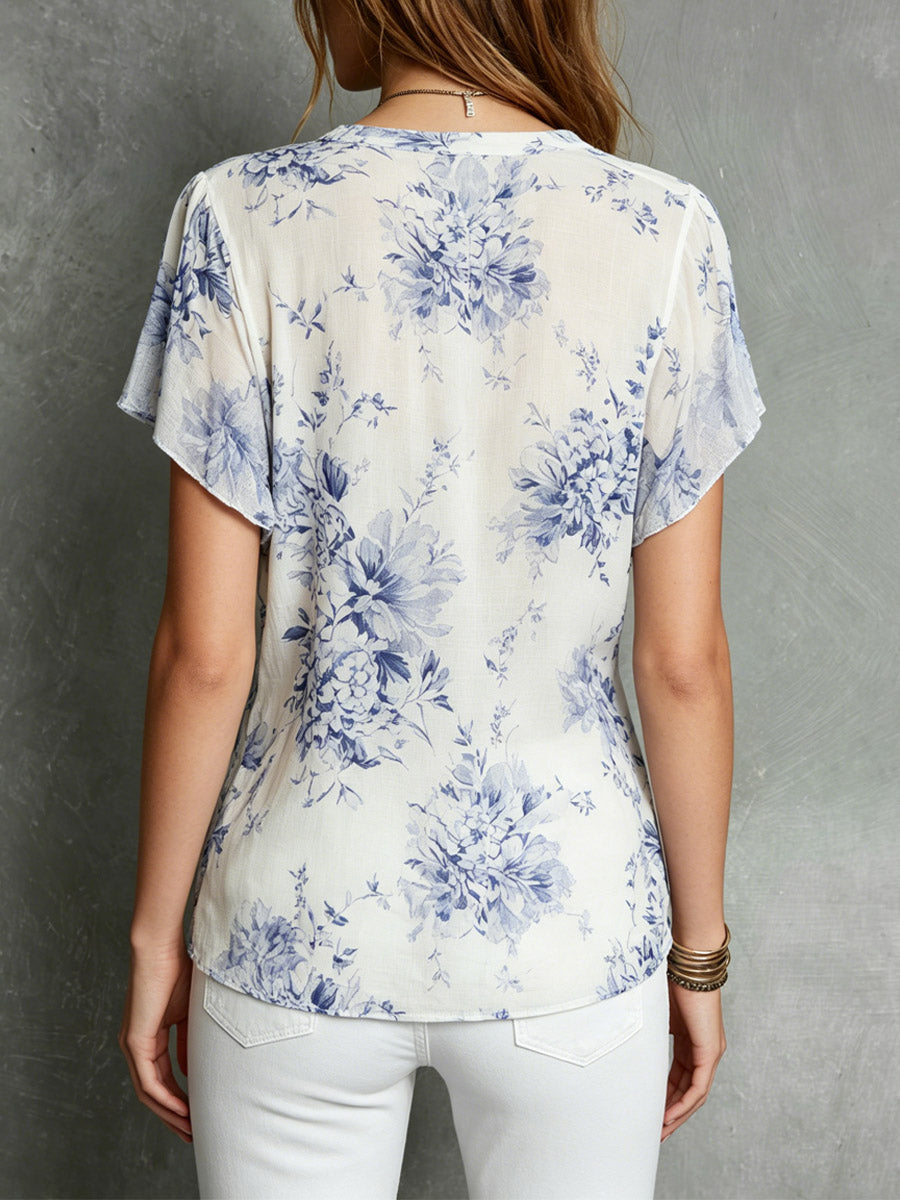 Damenbluse mit Blumenmuster, Rüschen, künstlerisch, lässig, stilvoll, kurzärmelig