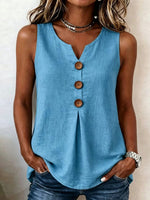 Top casual da donna in cotone e lino, senza maniche, scollo a V, tinta unita, vestibilità ampia
