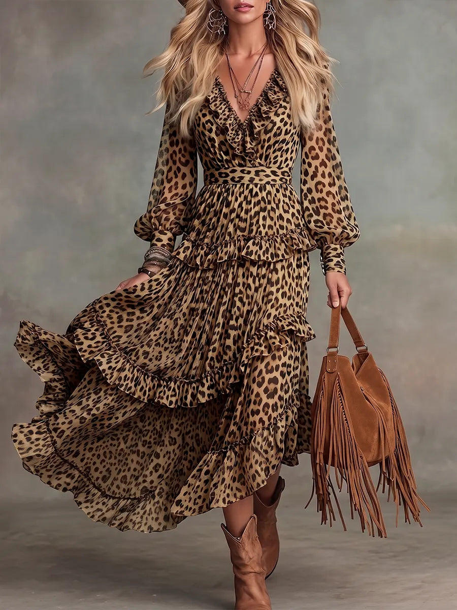 Abito lungo a balze a strati in chiffon bohemien con stampa leopardata