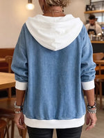 Schicker zweifarbiger Denim-Pullover mit V-Ausschnitt und Kapuze