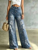 Damenjeans mit weitem Bein und Paillettenblumenmuster