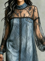 Vestido mini de mezclilla con mangas largas para mujer, con encaje negro y diseño de parches