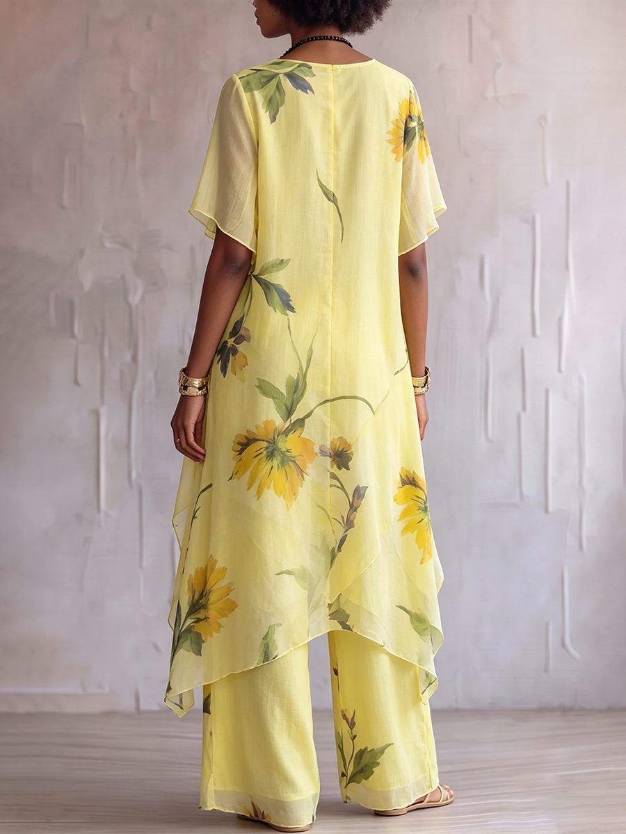 Set elegante a due pezzi con stampa artistica di girasoli