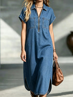 Vestito midi in denim da donna con mezza zip, tasca frontale e maniche corte