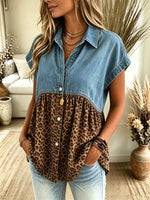 Damen Jeanshemd mit Leoparden-Patchwork und kurzen Ärmeln