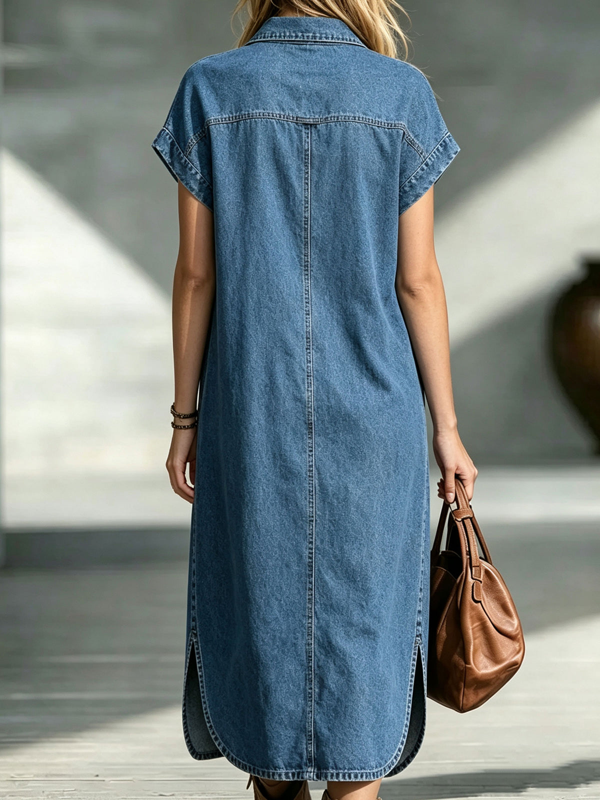 Vestito midi in denim da donna con mezza zip, tasca frontale e maniche corte
