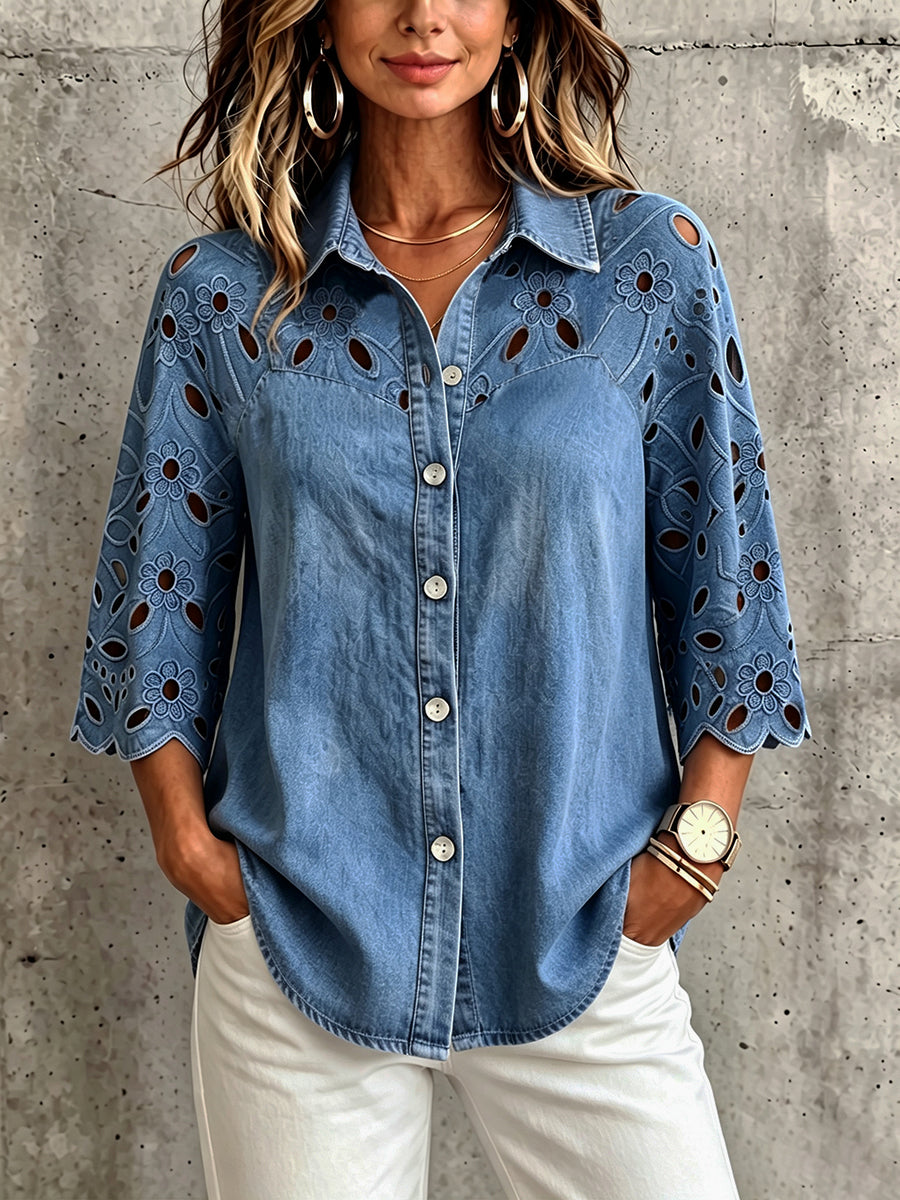 Elegantes Boho-Spitzenhemd mit Blumenmuster und dreiviertel Ärmeln aus Denim