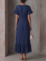 Vestido casual solto de algodão e linho para mulher, de cor sólida, com decote em V, mangas curtas e folhos.