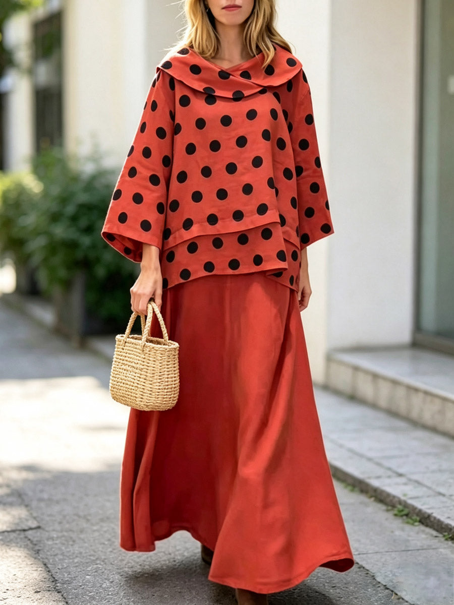 Conjunto de dos piezas de algodón y lino con top casual de cuello drapeado y falda de lunares retro