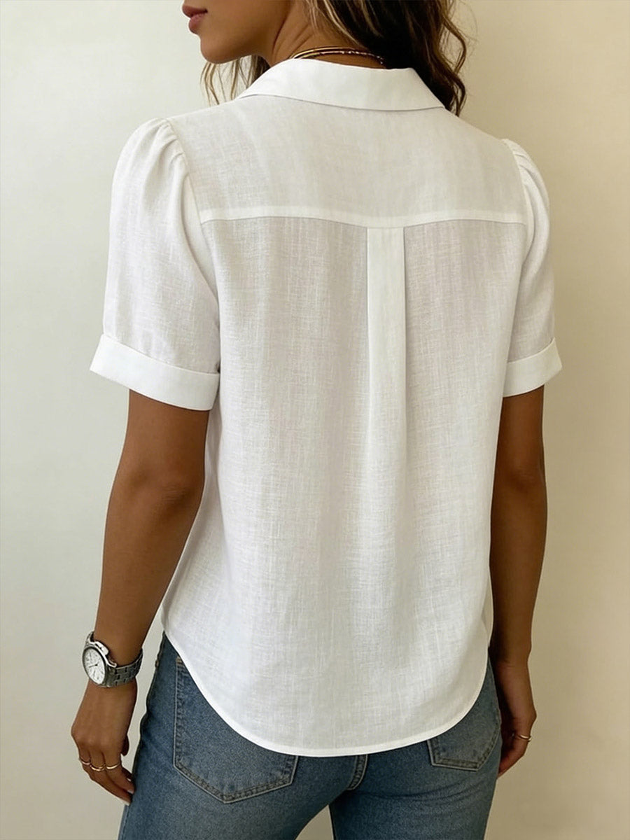 Camicia da donna con colletto, maniche corte, casual, ampia, plissettata, in cotone e lino