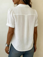 Camicia da donna con colletto, maniche corte, casual, ampia, plissettata, in cotone e lino