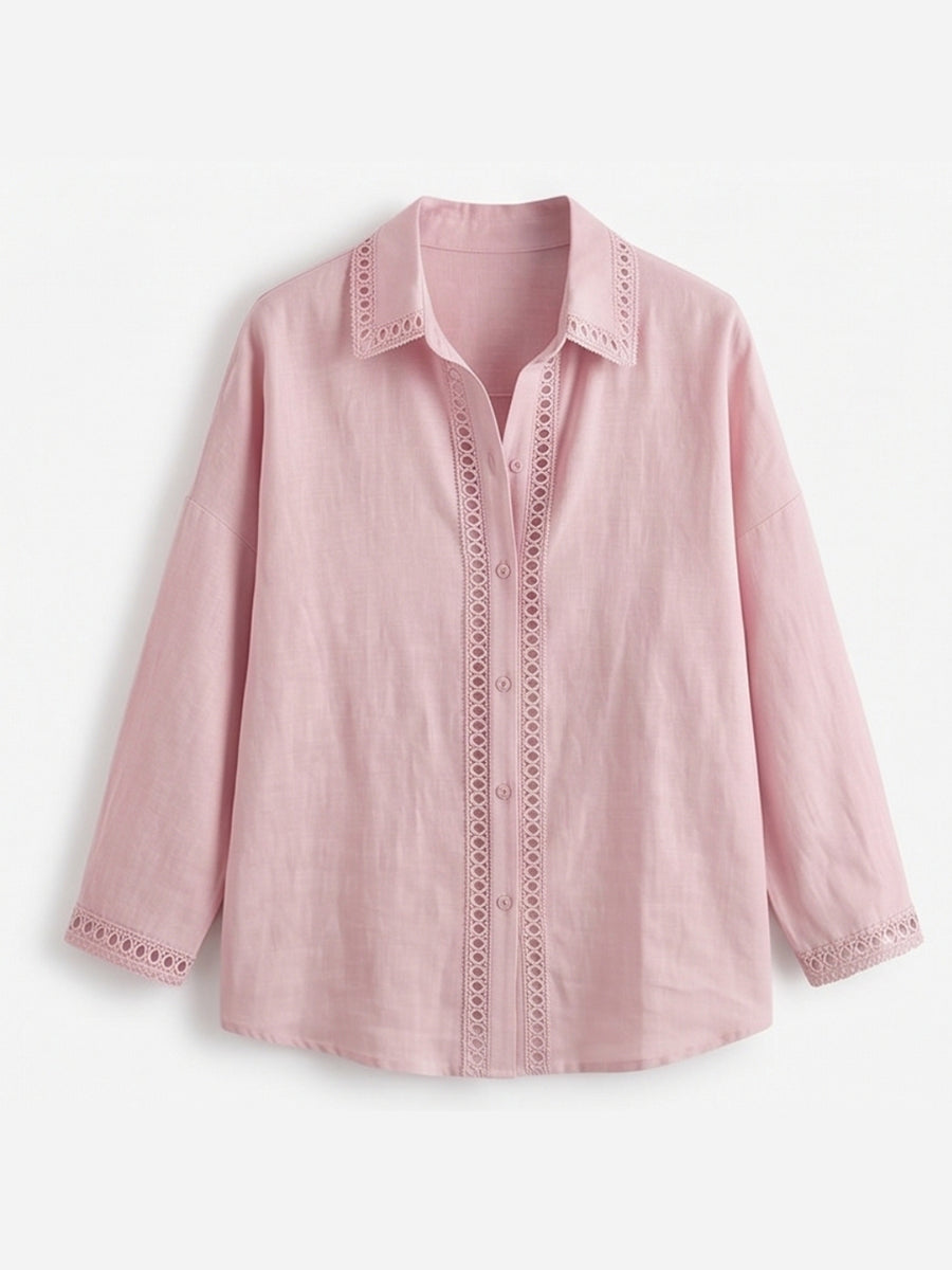 Camicia casual a maniche lunghe in lino e cotone con inserto in nastro traforato