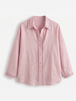 Camicia casual a maniche lunghe in lino e cotone con inserto in nastro traforato