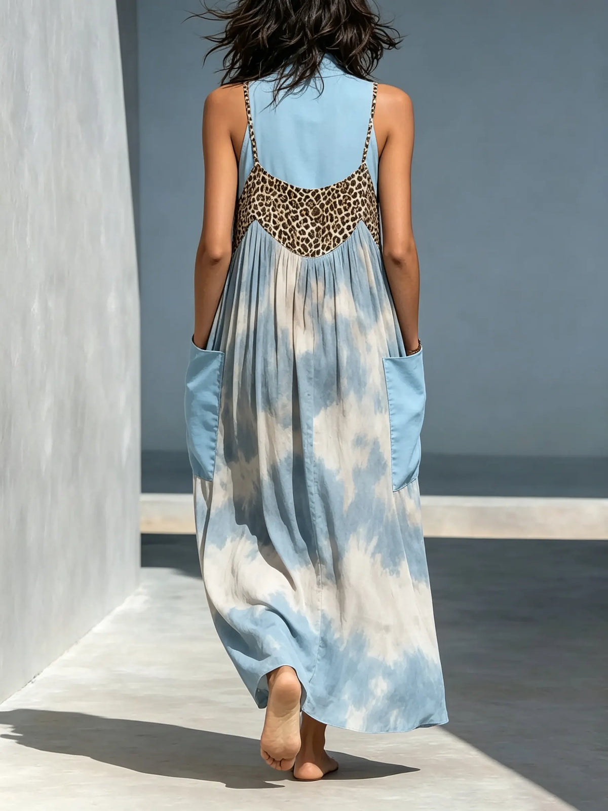 Damen Maxikleid mit Batik-Verlauf, Leopardenmuster, Patchwork, Stehkragen und Spaghettiträgern, locker geschnitten