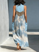 Damen Maxikleid mit Batik-Verlauf, Leopardenmuster, Patchwork, Stehkragen und Spaghettiträgern, locker geschnitten