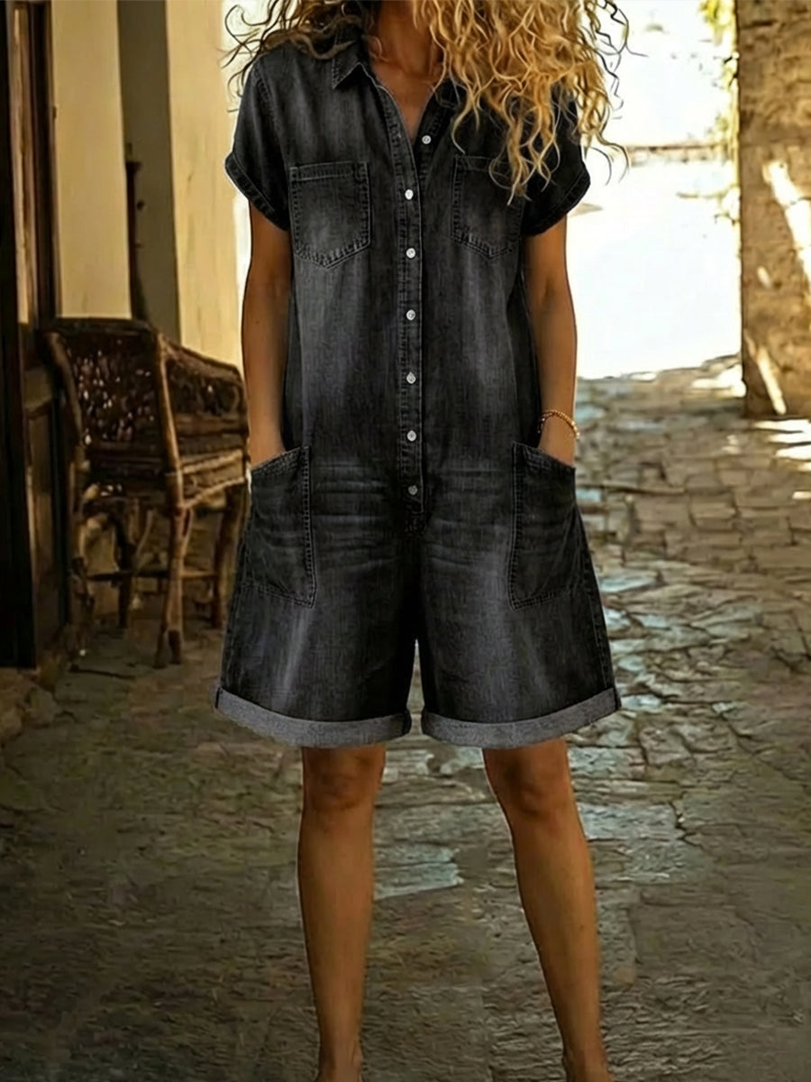 Tuta corta casual da donna in denim di cotone
