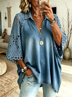Damenbluse mit hohlem Stickereispitzen-Einsatz, locker geschnitten, aus Denim, 3/4-Arm