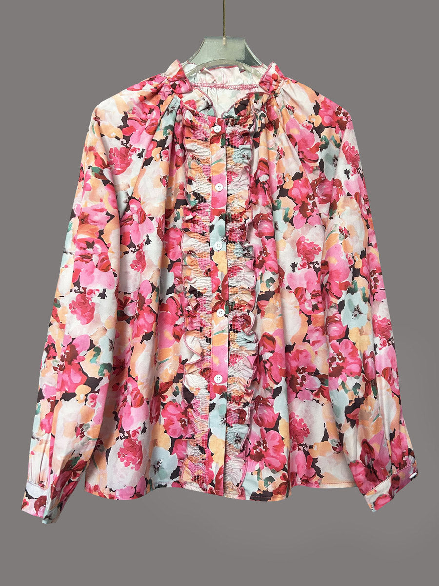 Camicia casual a maniche lunghe con motivo floreale elegante retrò e vestibilità ampia