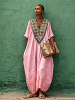 Boho-Blumenmuster Baumwoll-Leinen Kaftan Maxikleid