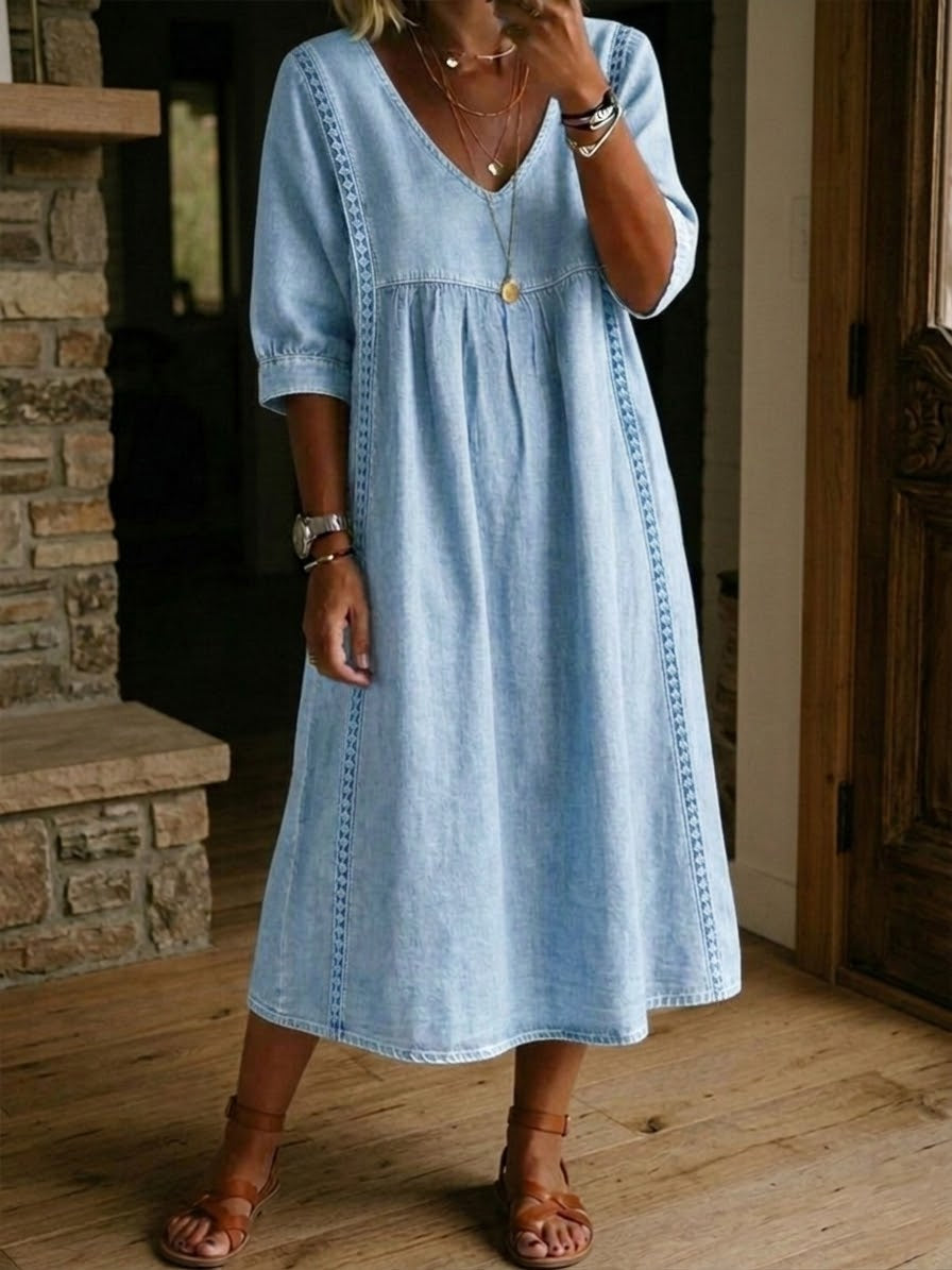 Vestido de ganga casual e largo com acabamento em renda