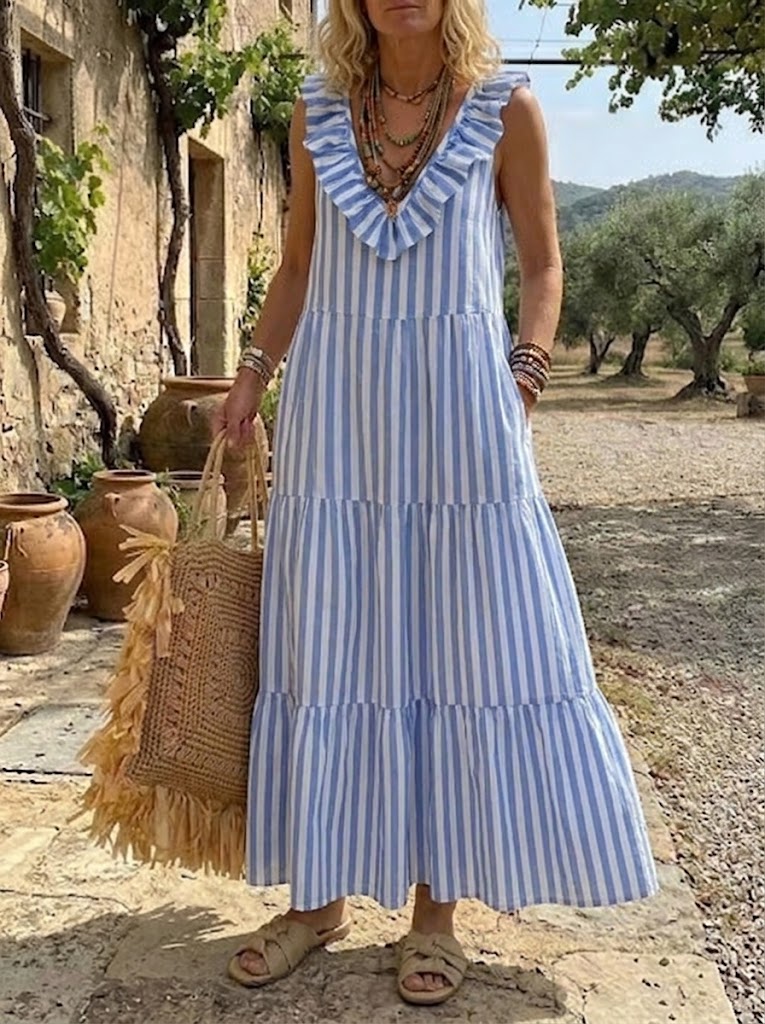 Damenkleid mit blauen und weißen Streifen, gestuft und mit Rüschen versehen