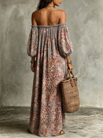 Vestido Maxi Fluído Rosa com Estampa de Leopardo, Ombros Descobertos e Mangas Bufantes para Mulher, com Bolsos