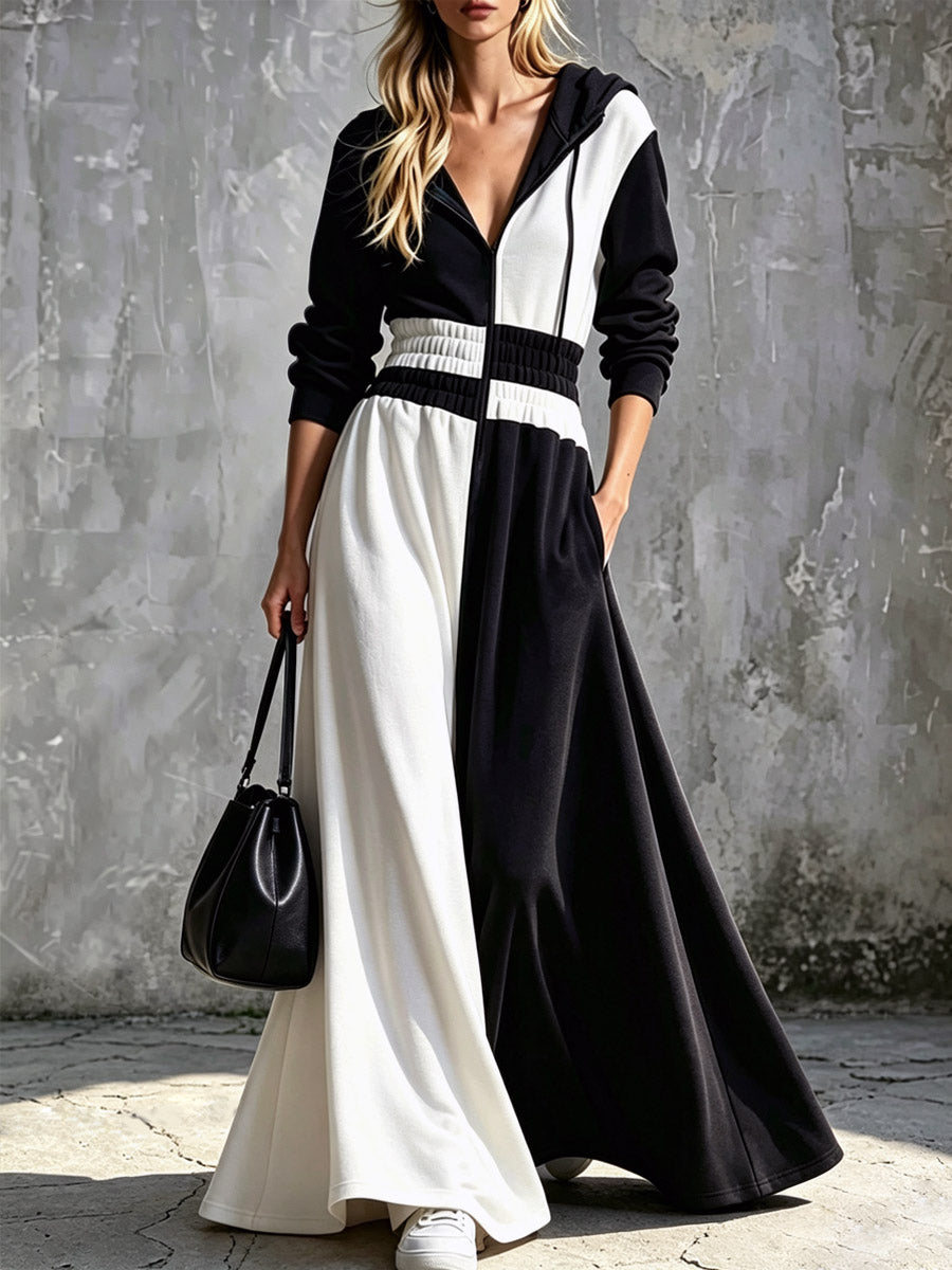 Color Block Hooded Loose Art Casual Long Sleeve Cotton Long Dress