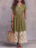 Vintage Elegantes Kleid aus Baumwoll-Leinen mit Cut-Out-Spitzen-Patchwork