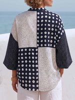 Damen Polka-Dot Print V-Ausschnitt 3/4 Ärmel Lässiges Lockeres Baumwoll-Leinen Oberteil