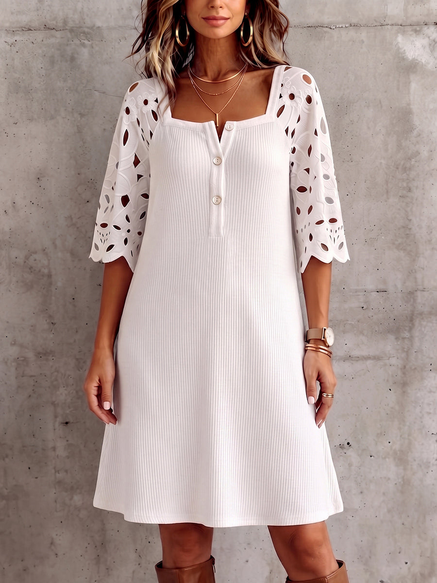 Robe en maille élégante à encolure carrée avec manches brodées de fleurs