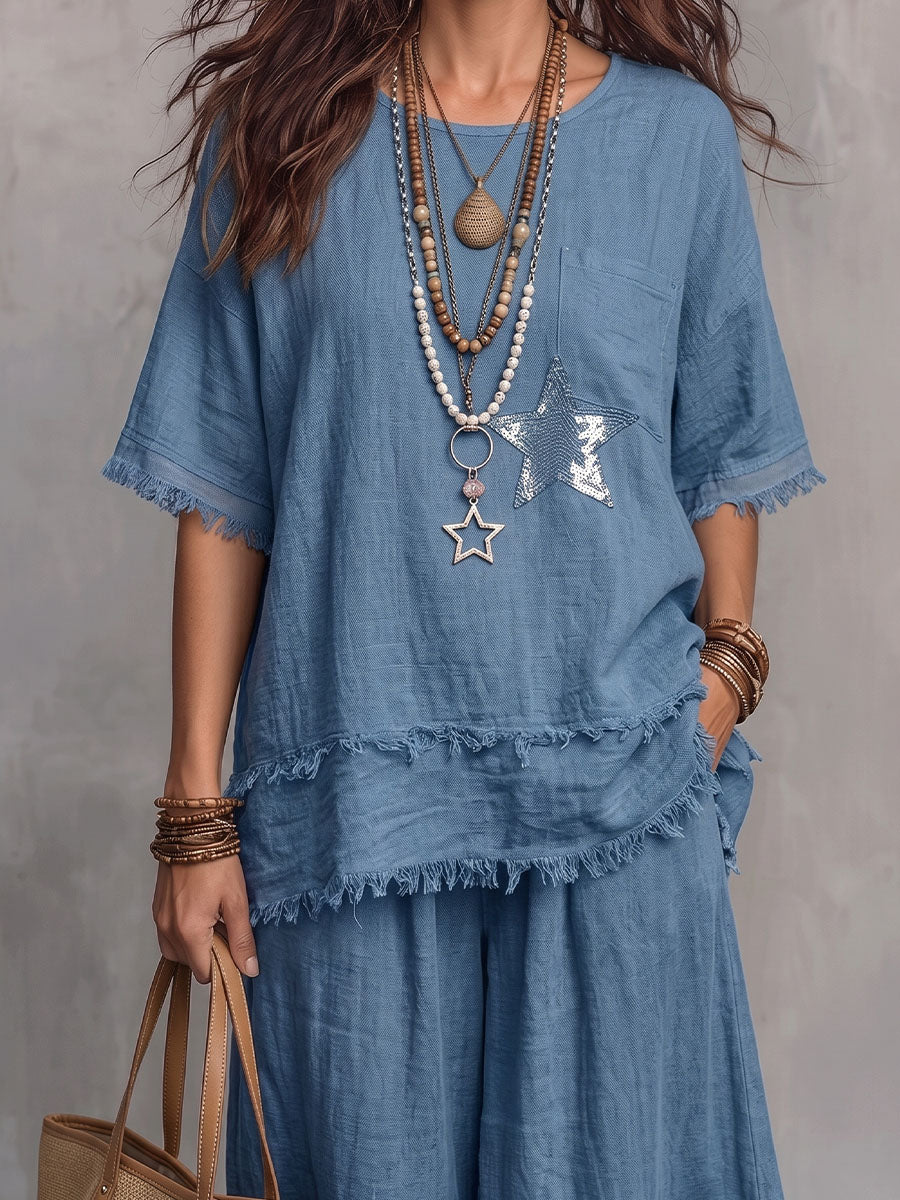 Conjunto de Camisa Vintage Elegante con Bordado de Lentejuelas en Patchwork