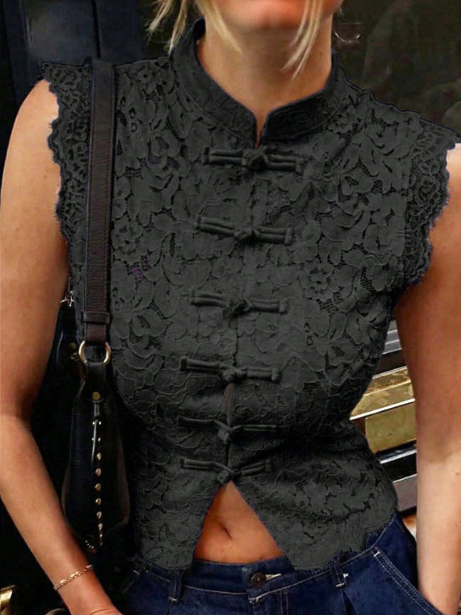Elegantes schickes Spitzen-Ärmelloses Kunst-Casual Stehkragenhemd