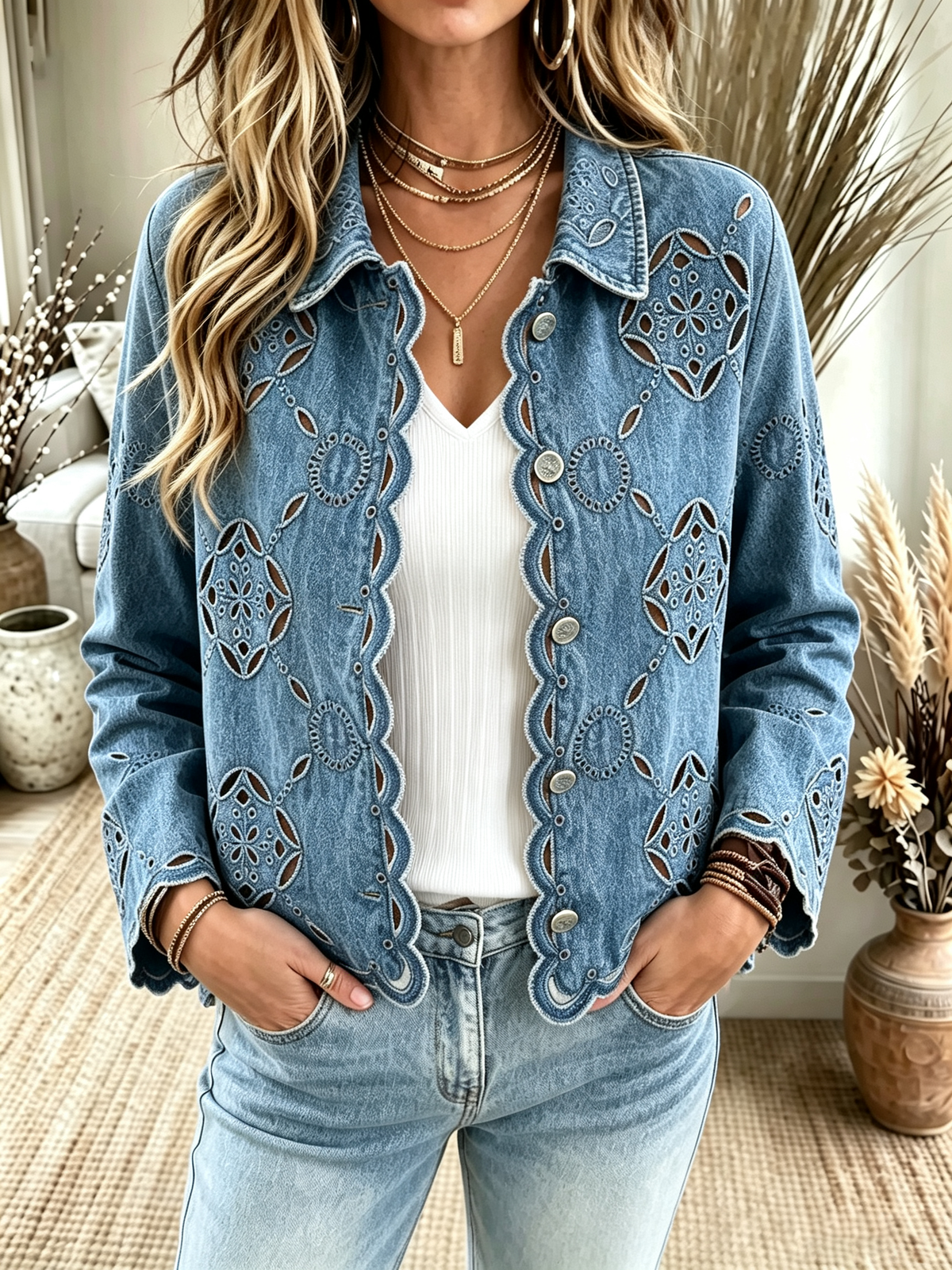 Damjacka i denim med utskurna scalloped detaljer
